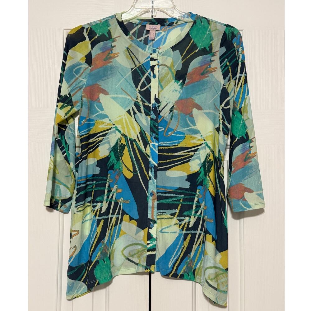 LOGO Layers Abstract Watercolor Printed Mesh Button-Front Top/Cardigan, Size S